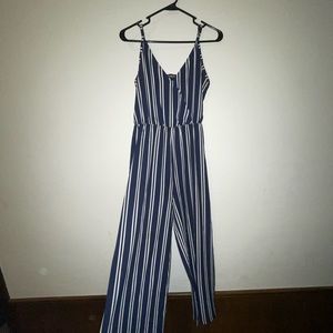 Navy blue and white stripped jumpsuit.